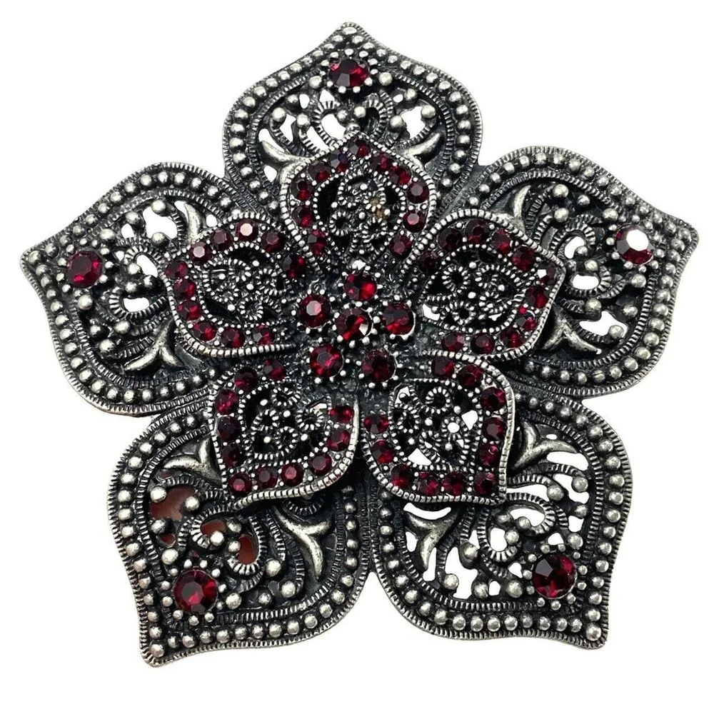 Belt Buckle Women's Star Flower Pedals‎ Double Layer Perforated Red Rhinestones